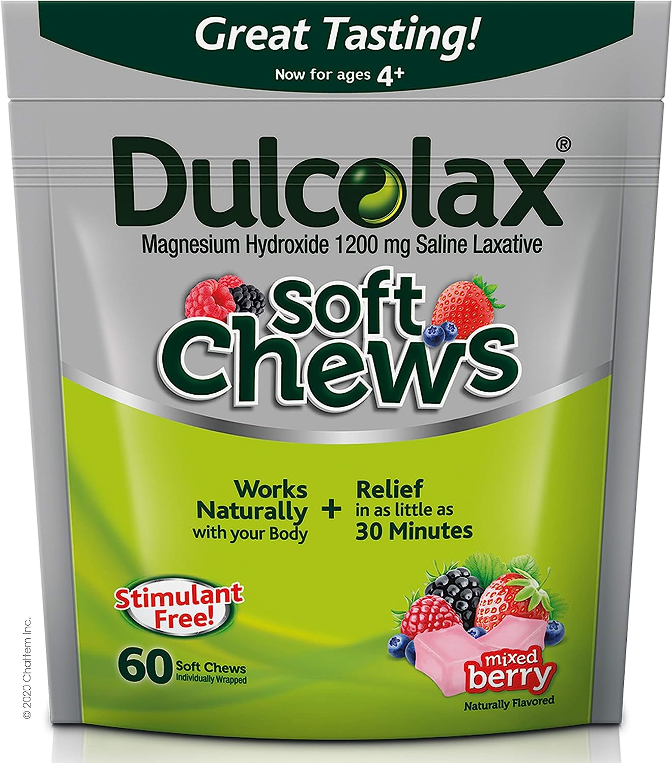 Dulcolax Soft Chews Saline Laxative Mixed Berry (60ct) Gentle Constipation Relief, Magnesium Hydroxide 1200mg