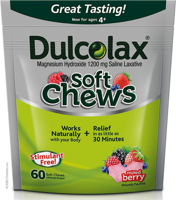 Dulcolax Soft Chews Saline Laxative Mixed Berry (60ct) Gentle Constipation Relief, Magnesium Hydroxide 1200mg