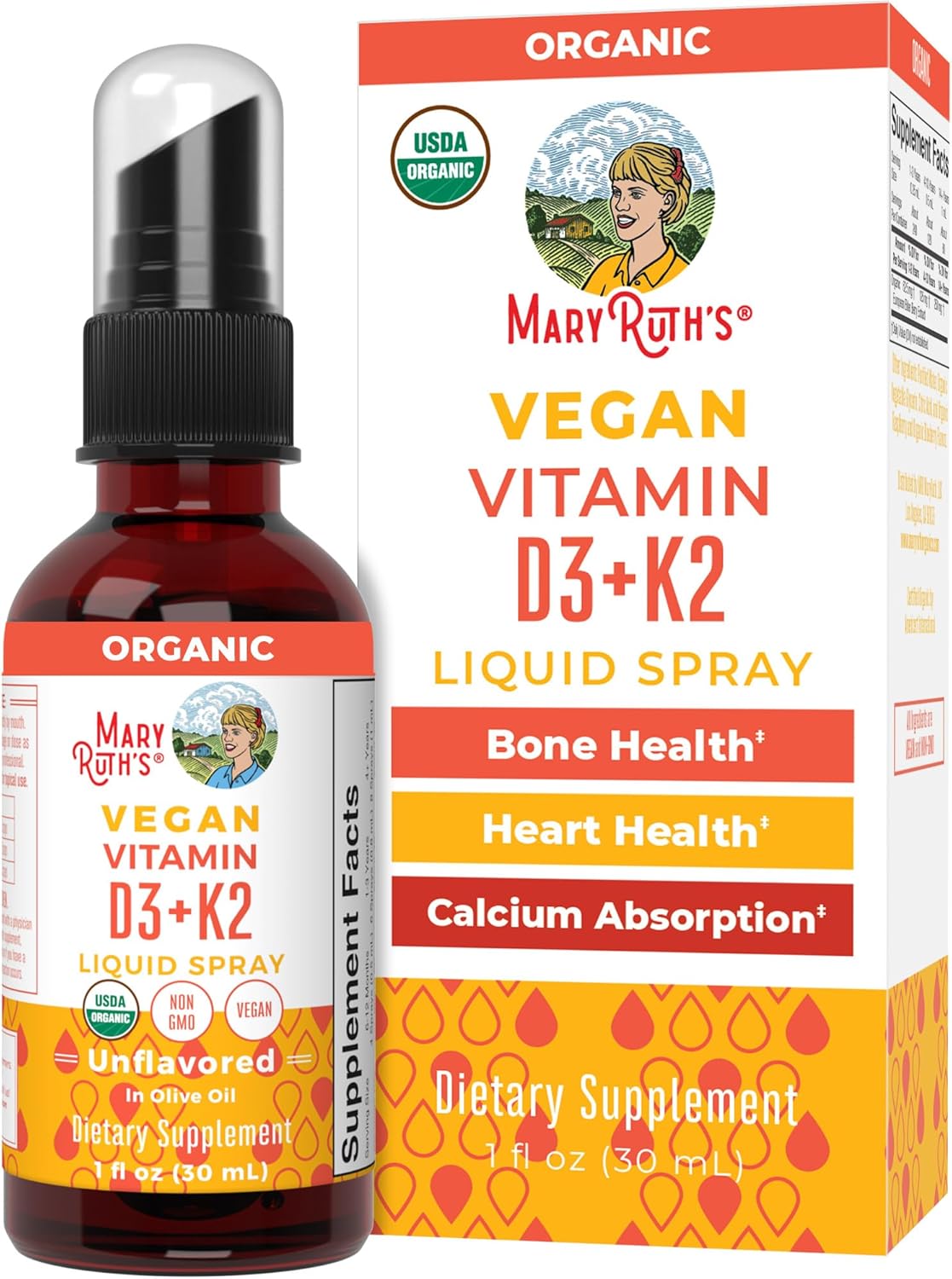 Maryruth Organics Vitamin D3, Vitamin K2, Vitamin D3 K2 Spray, K2 D3 Vitamin Liquid Supplement For Adults & Kids, Supplement For Calcium Absorption Strong Bones, Vegan, Non-Gmo, Gluten Free, 1 Fl Oz