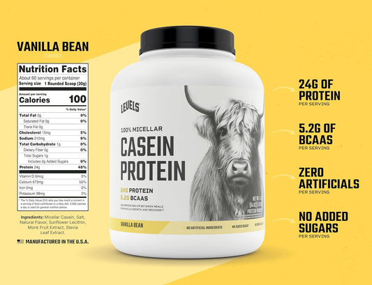 Levels 100% Micellar Casein Protein, Hormone Free, Vanilla Bean, 4Lb