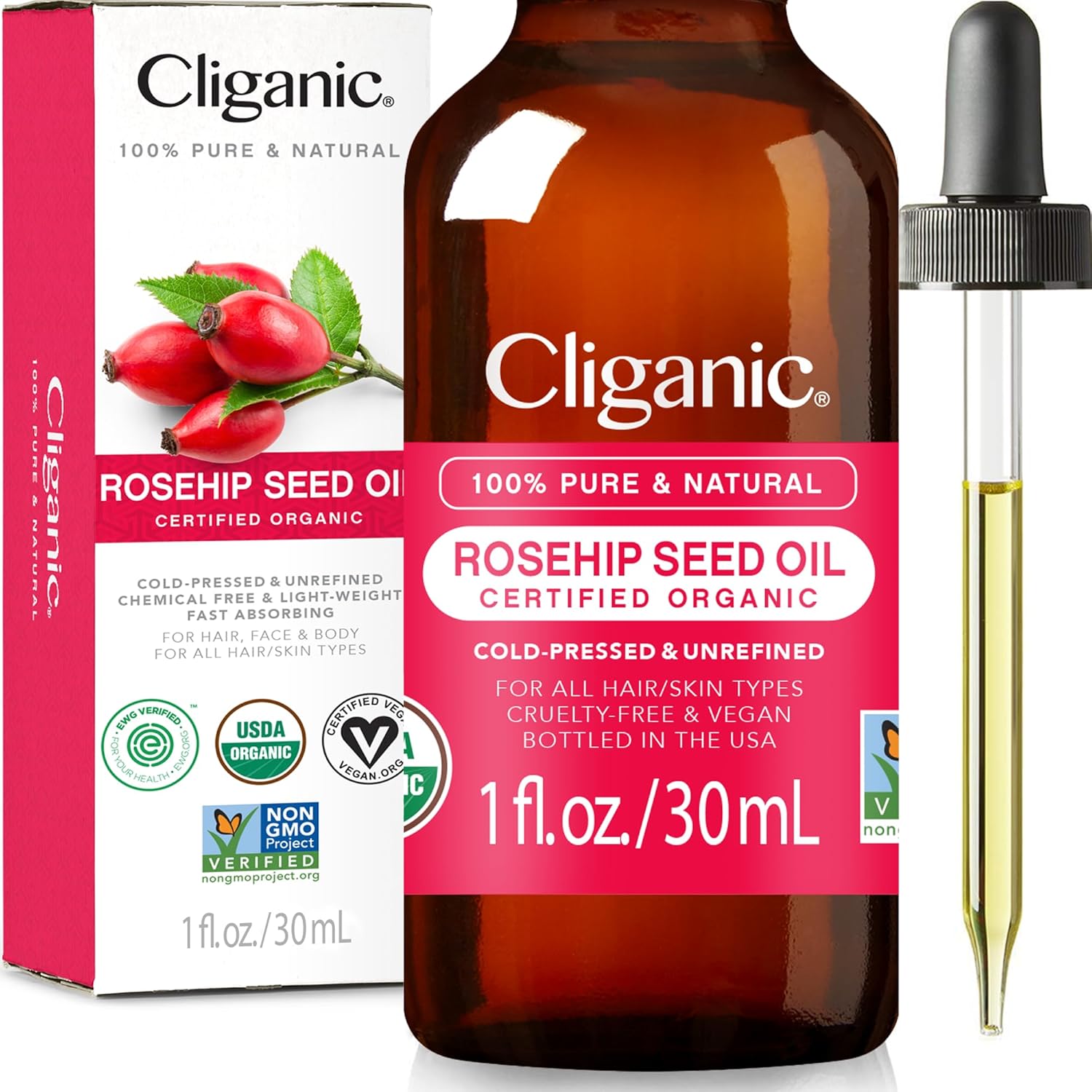 Cliganic Usda Organic Rosehip Seed Oil For Face, 100% Pure | Natural Cold Pressed Unrefined Non-Gmo | Carrier Oil For Skin, Hair & Nails