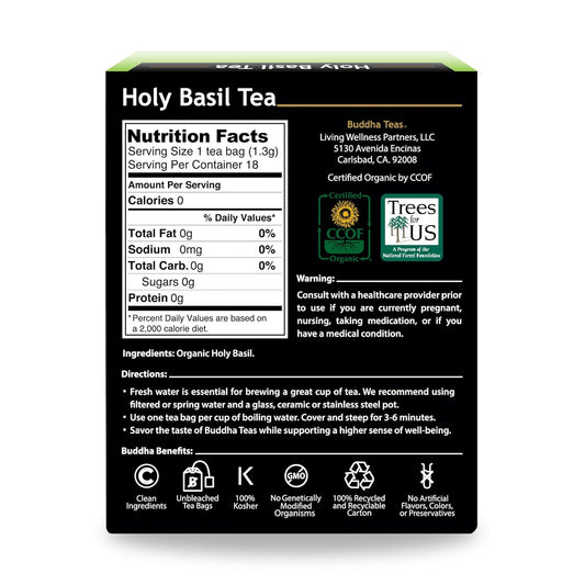 Buddha Teas - Holy Basil - Organic Herbal Tea - For Cognitive Balance & Overall Health - Ayurvedic Tulsi - With Antioxidants - Caffeine Free - 100% Kosher & Non-Gmo - 18 Tea Bags (Pack Of 1)