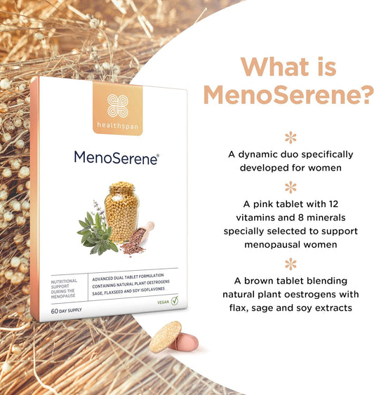 Healthspan MenoSerene | Menopause Support | Women's Health | Vitamin D3 for Normal Bone Health | Vitamin B6 for The Reduction of Tiredness & Fatigue | Vegan (60 Day Supply)