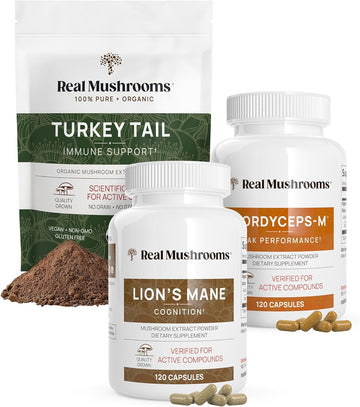 Real Mushrooms Immune Support, Cognition, & Performance Boost Bundle - Turkey Tail Organic Extract Powder (45G) | Lion’S Mane (120 Capsules) | Cordyceps-M (120 Capsules) | Mushroom Supplements