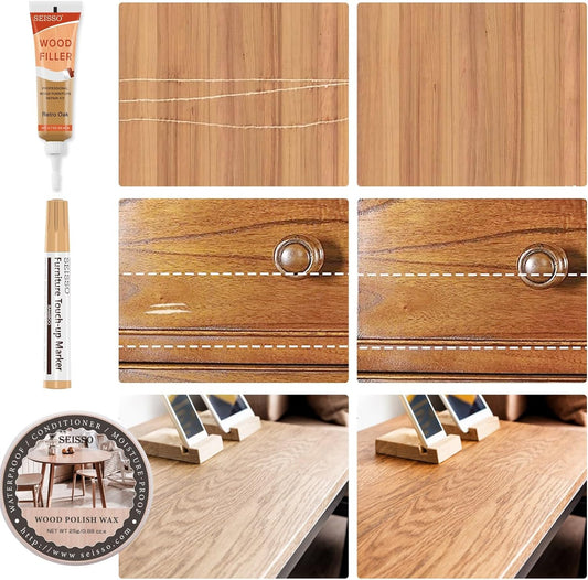 Wood Furniture Repair Kit - 6 Oak Color Wood Fillers with 6 Touch Up Markers and Wood Polish Wax for Wooden Stains, Scratch Repair, Cracks, Perfect for Laminate, Cabinet, Tables, Oak, Walnut