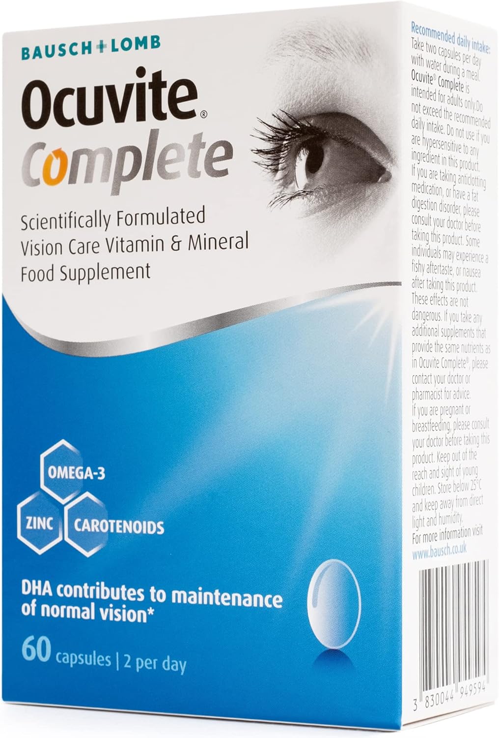 Ocuvite Complete, Eye Supplement Capsules, by Bausch + Lomb, Lutein and Zeaxanthin supplement with DHA Omega 3 plus Zinc, Supports Normal Vision, Two Capsules per Day : Amazon.co.uk: Health & Personal Care