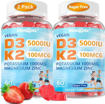 Vitamin D3 5000 Iu & K2 (Mk-7) 100 Mcg Gummies, Vegan D3 K2 Supplement W/1000 Mg Potassium Citrate, Magnesium Glycinate & Zinc For Bone, Muscle, Nerve, Electrolyte & Immune Support, Sugar Free, 60Cts