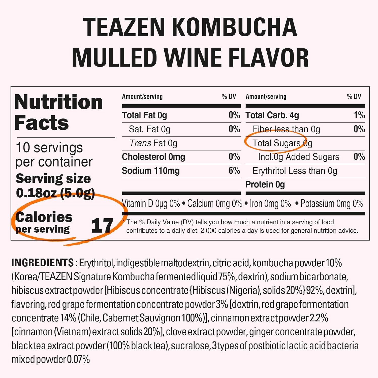 Teazen Kombucha Tea, Cinammon Tea, Hot Or Iced, Zero Sugar, Sparkling Fermented Powdered Mix Beverage From Korea, Live Probiotics & Prebiotics, 10 Sticks, 1.76Oz (Mulled Wine)