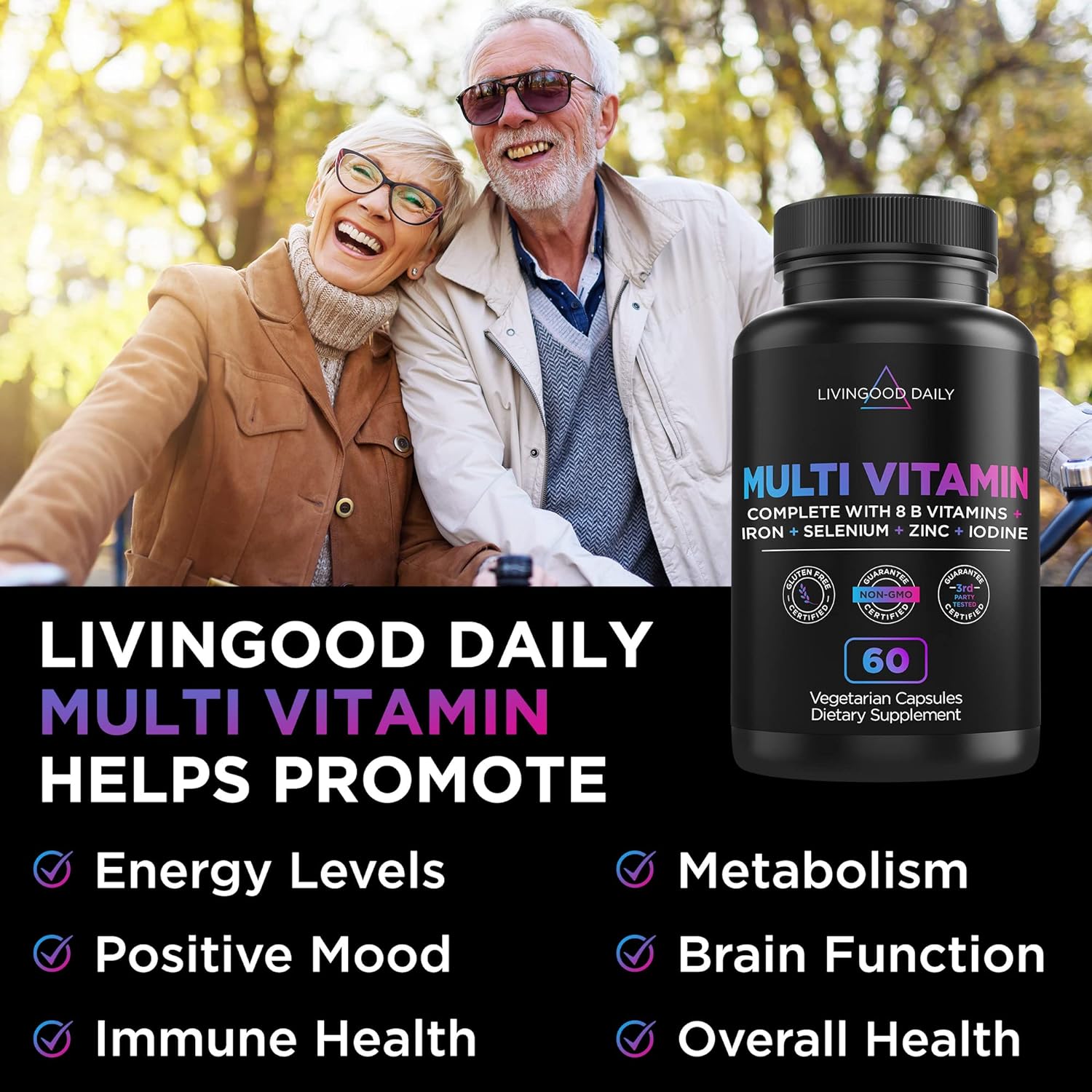 Livingood Daily Methylated Multivitamin for Women & Men, Multi Vitamin - Mineral Supplement Capsules with Iron, B Complex, Selenium, & Zinc - Non-GMO, Gluten-Free, Vegetarian Multi Vitamins for Adults : Health & Household