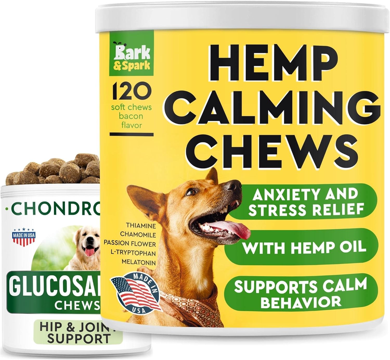 Glucosamine Dog Treats + Calming Hemp Treats For Dogs Bundle - Hip Support And Joint Pain Relief Supplement With Chondroitin, Msm, Omega-3 + Anxiety Relief, Separation Aid, Fireworks, Storms, Thunder