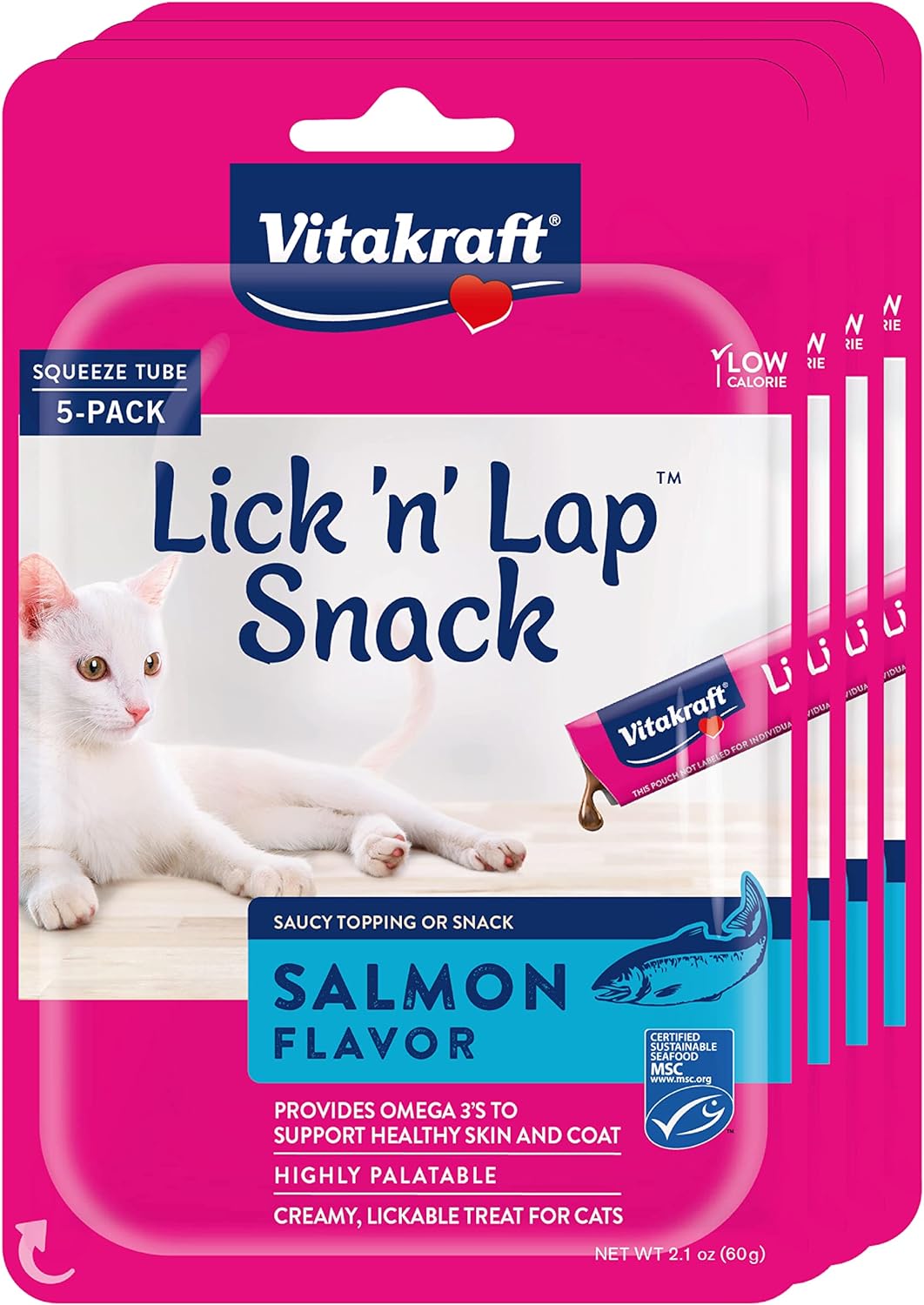 Vitakraft Lick ‘N’ Lap Salmon Flavor Cat Treats, Highly Palatable Wet Pet Snack, 4 Packs Of 5 Grab-N-Go Squeeze Tubes Each