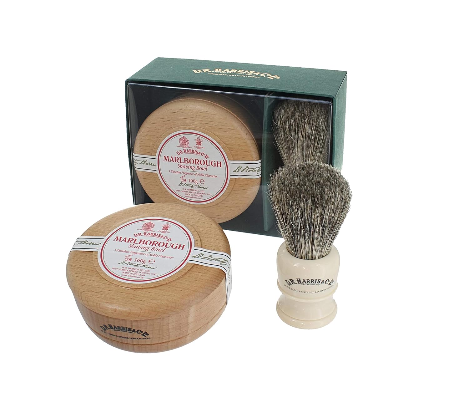 D.R. Harris & Co. Marlborough Beechwood Shaving Bowl (100G) And Shaving Brush, Shaving Gift Set