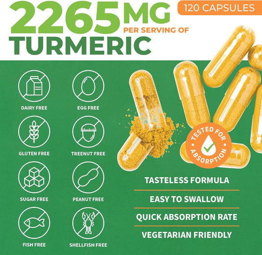 Organic Turmeric Supplement Extra Strength 2265Mg - With Bioperine And Ginger For High Absorption -Turmeric Curcumin With Black Pepper Extract, 95% Curcuminoids, Herbal Joint Support 120 Veggie Caps