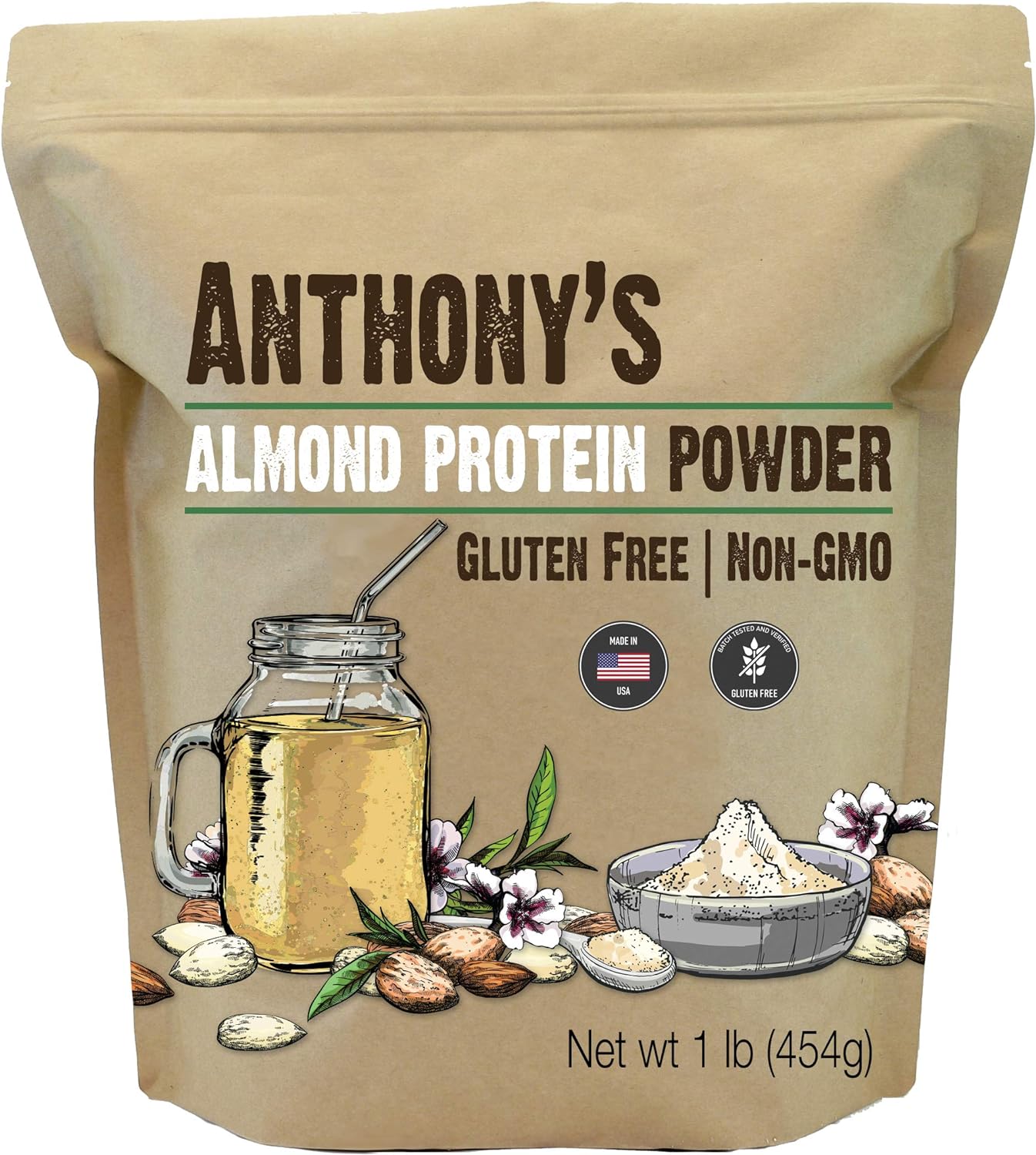 Anthony'S Almond Protein Powder, 1 Lb, Gluten Free, Non Gmo, Plant Based Protein, Made In Usa