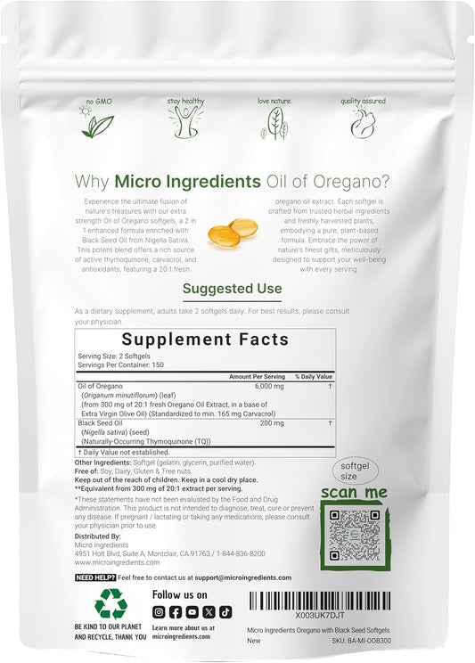 Micro Ingredients Oil Of Oregano Softgels 6000Mg Per Serving, 300 Count | 2 In 1 Formulated With Black Seed Oil 200Mg, 4X Strength Carvacrol & Thymoquinone | Plant Based, Non-Gmo & Immune Support
