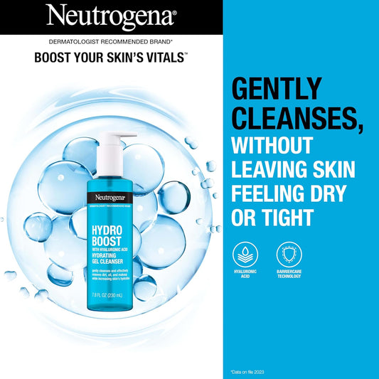 Neutrogena Hydro Boost Facial Cleansing Gel, Hydrating Gentle Face Cleanser And Makeup Remover With Hyaluronic Acid, Hypoallergenic Formula, 7.8 Fl Oz