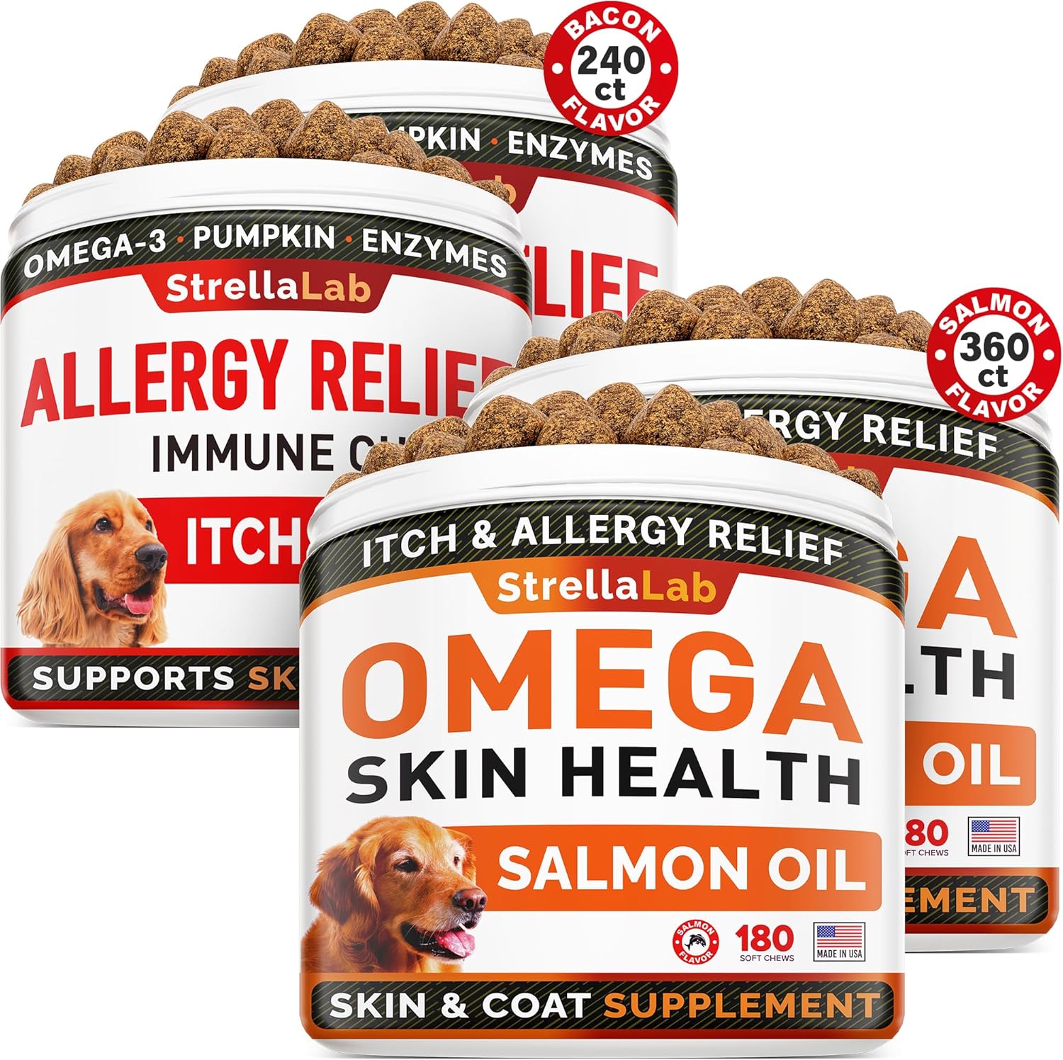 Allergy Relief 2 Packs 240Ct + Omega 3 360Ct For Dogs Bundle - Itchy Skin Treatment + Skin&Coat - Omega 3 & Pumpkin + Chondroitin, Msm - Allergy Chews & Anti Itch Support Supplement - Made In Usa