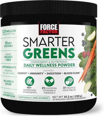 Force Factor Smarter Greens Daily Wellness Powder, Greens Superfood Powder To Support Gut Health, Bloating, & Digestion, With 40+ Superfoods, 125 Million Cfus Of Probiotics, Unflavored, 30 Servings