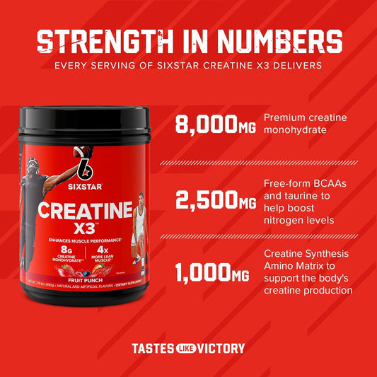 Six Star Creatine Monohydrate Powder, X3 (Fruit Punch) - Flavored Creatine Hcl Powder Monohydrate Supplement For Muscle Building & Performance - Post Workout Supplement For Men & Women - 30 Servings