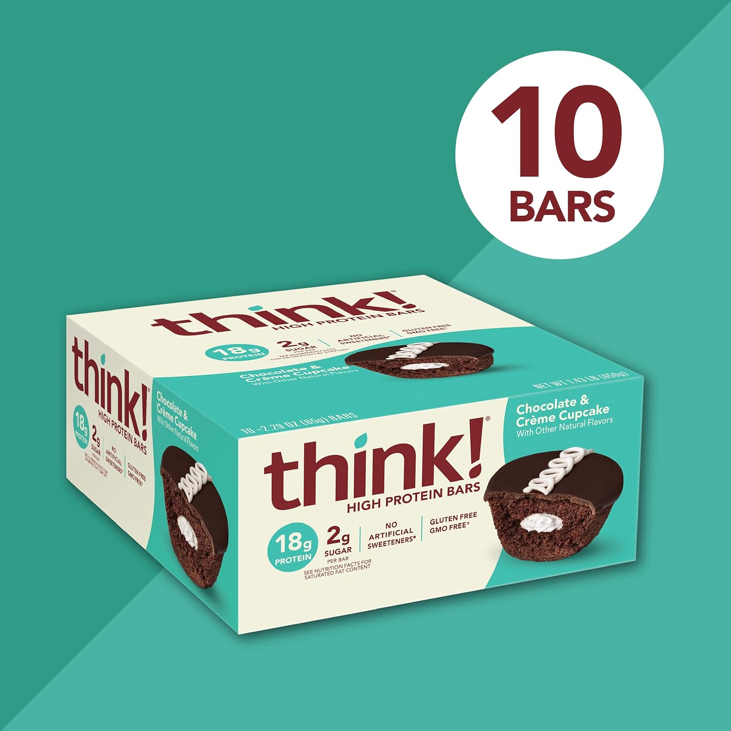 think! Protein Bars, High Protein Snacks, Gluten Free, Low Sugar Energy Bar with Whey Protein Isolate, Chocolate & Crème Cupcake, Nutrition Bars without Artificial Sweeteners, 2.1 Oz (10 Count) : Grocery & Gourmet Food