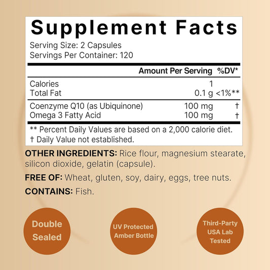 Coq10 (Ubiquinone) 100Mg With Omega 3 Fatty Acids, 240 Capsules | Stable High Absorption Form – Antioxidant Support For Heart & Energy Health – Extra Strength Coenzyme Q10 Supplement