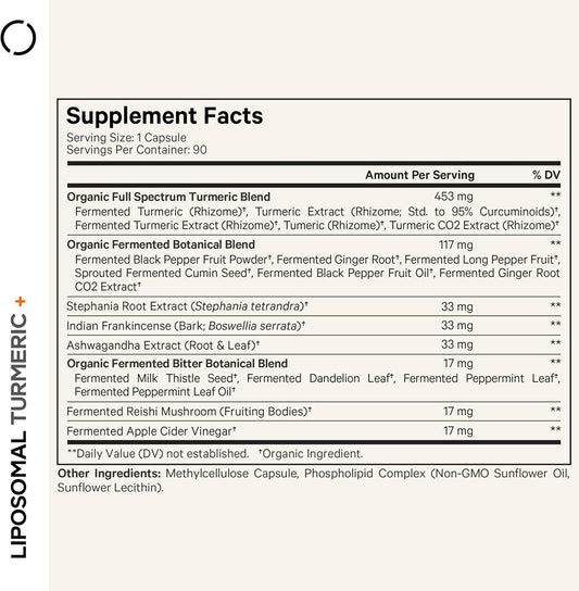Codeage Organic Turmeric Supplement - 95% Curcumin Extract Pills - Liposomal Fermented Botanical Blend Black Pepper, Ashwagandha, Ginger, Stephania, Boswelia, Cumin, Digestive Bitters - 90 Capsules