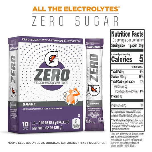 Gatorade G Zero Powder, Grape, 0.10Oz Packets, Makes 20 Ounces, 10 Count (Pack Of 12)