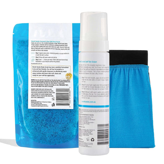 Bondi Sands Essential Prep Bundle | Includes Coconut & Sea Salt Body Scrub, Self Tan Eraser, and Exfoliation Mitt for a Flawless Base ($49 Value)