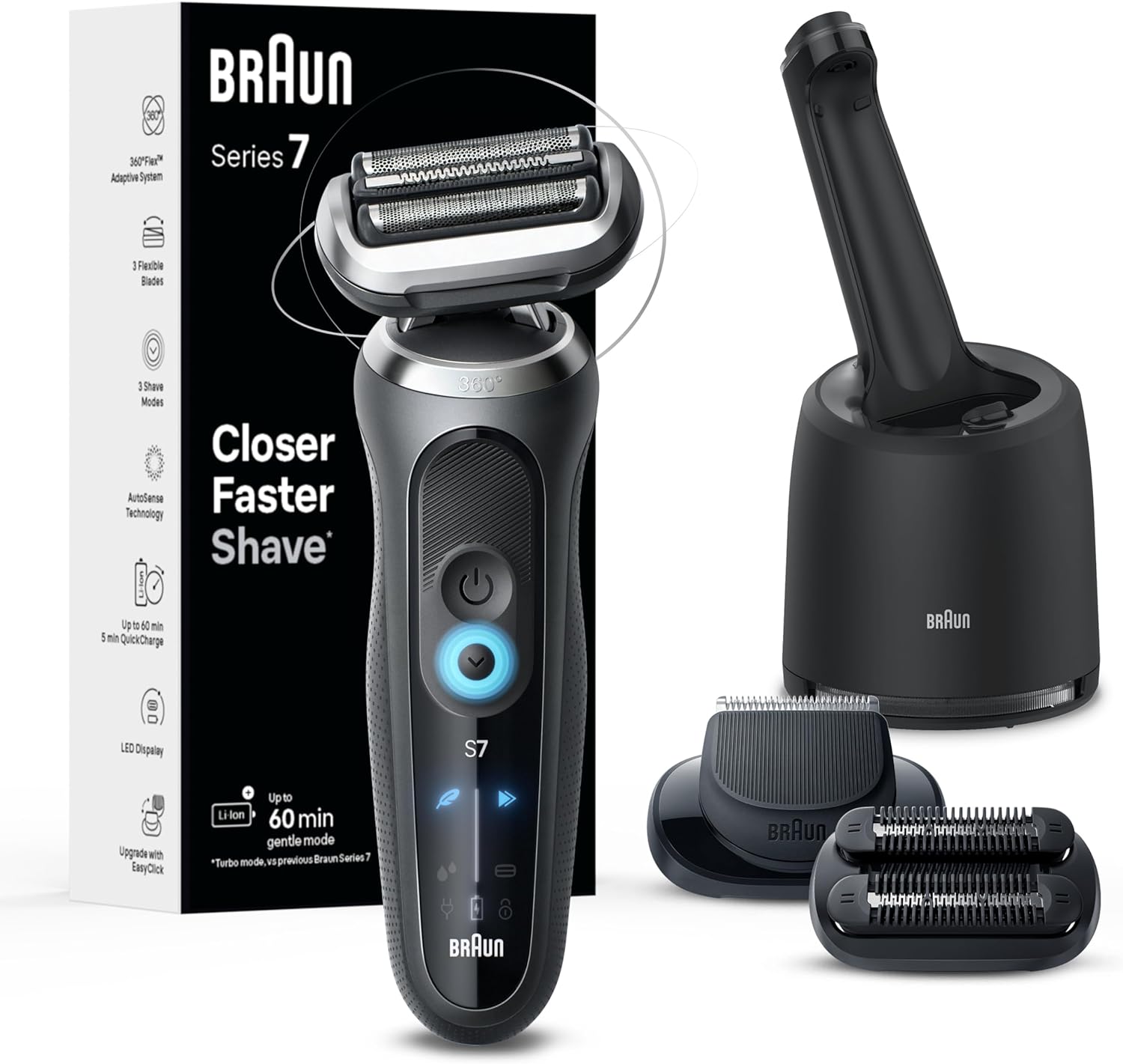 Braun Electric Shaver For Men, Series 7 7185Cc, Wet & Dry Shave, Turbo & Gentle Shaving Modes, Waterproof Foil Shaver, Space Grey