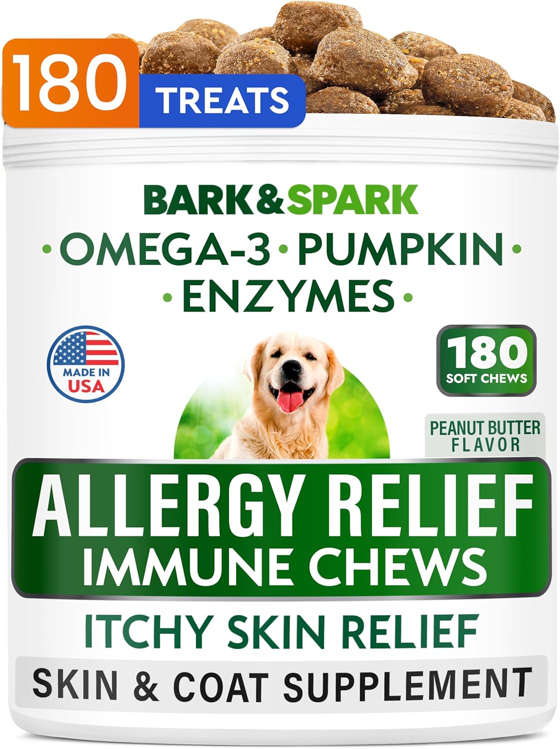 Bark&Spark Dog Allergy Relief Chews (180 Ct) - Anti-Itch Skin & Coat Supplement - Omega 3 Fish Oil - Itchy Skin Relief Treatment Pills - Itching&Paw Licking - Dry Skin&Hot Spots -Peanut Immune Treats