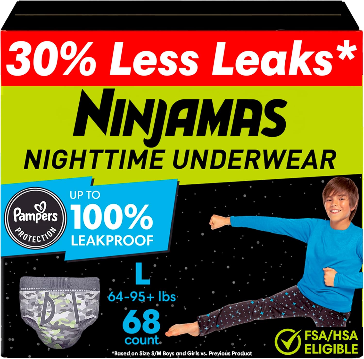 Ninjamas Boys Bedwetting Nighttime Underwear, Size L (64-95+ Lbs), 68 Count, Overnight Protection, Ultra Absorbent, Hypoallergenic