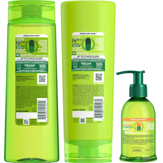 Garnier Fructis Sleek & Shine Shampoo, Conditioner + Anti-Frizz Serum Set for Frizzy, Dry Hair, Argan Oil (3 Items), 1 Kit (Packaging May Vary)