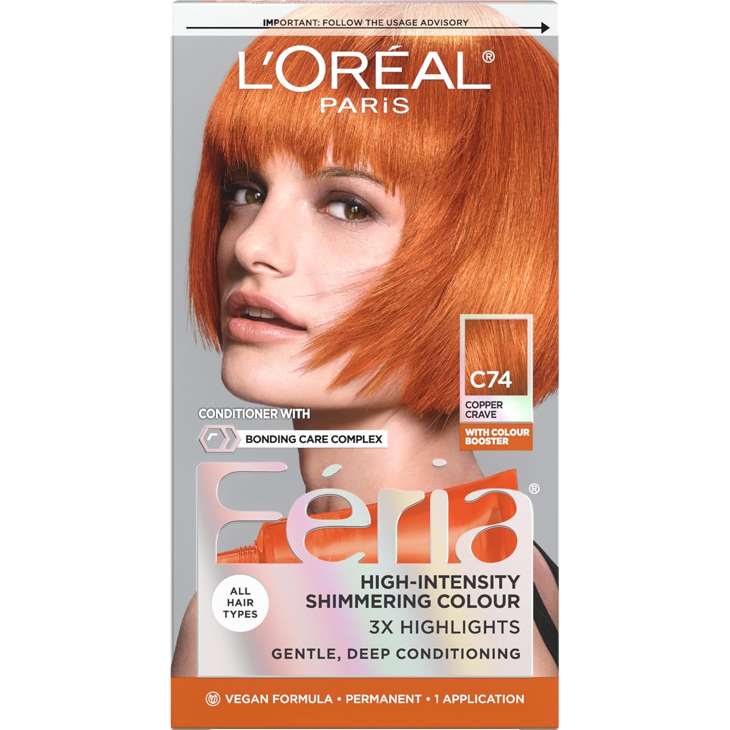 L'Oreal Paris Feria Multi-Faceted Shimmering Permanent Hair Color, C74 Copper Crave (Intense Copper), Pack Of 1, Hair Dye