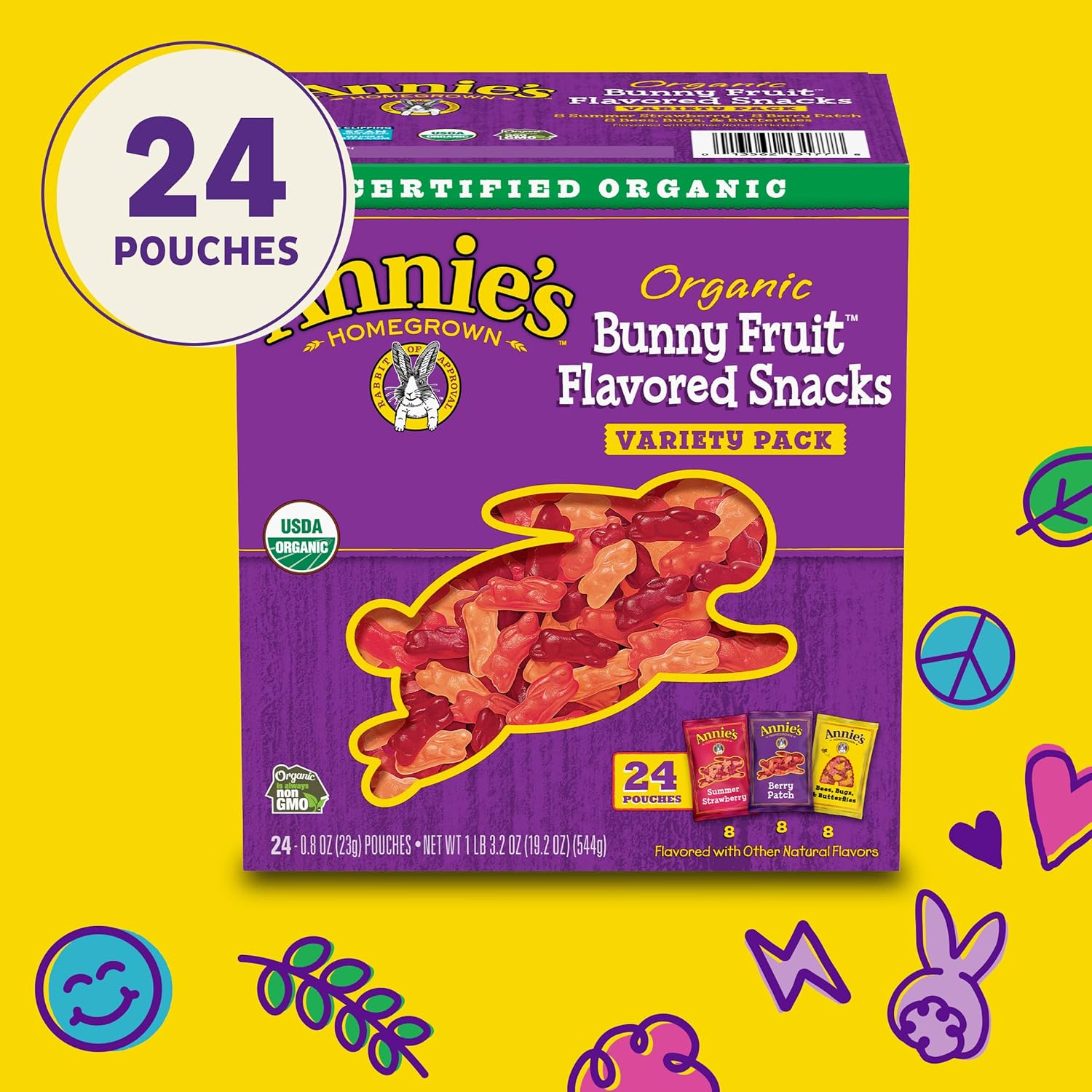 Annie'S Organic Bunny Fruit Snacks, Gluten Free, Variety Pack, 24 Pouches