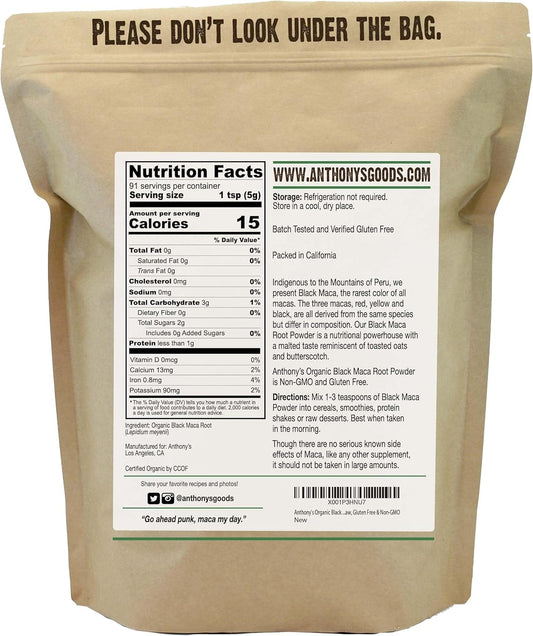 Anthony'S Organic Black Maca Powder, 1 Lb, Raw, Gluten Free & Non Gmo