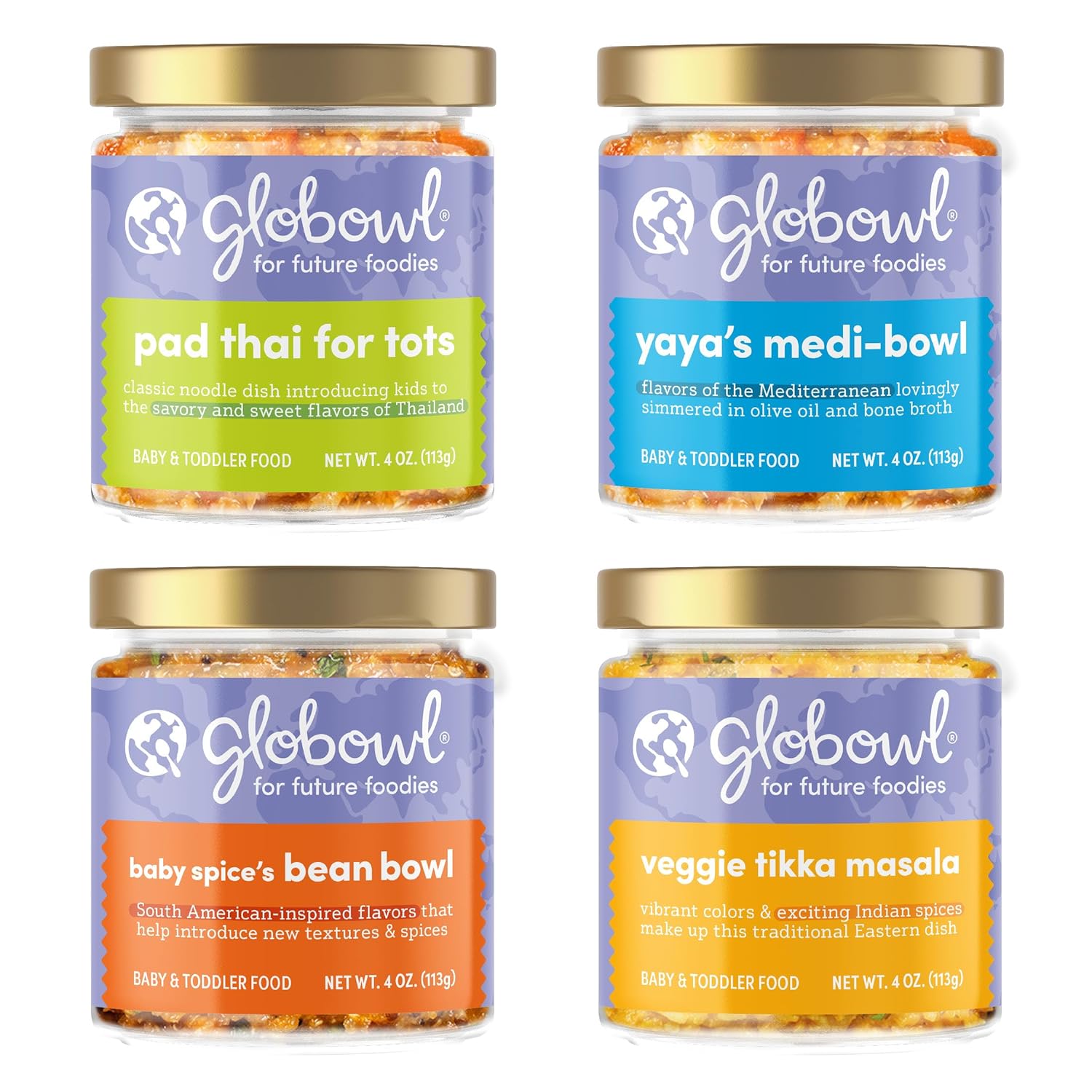 Globowl Stage 3 Baby Food & Toddler Meals, 6+ Months Early Allergen Introduction, Baby Led Weaning, International Whole Food Snacks For Toddlers, Babies, 4 Oz Glass Jar, Variety 4-Pack