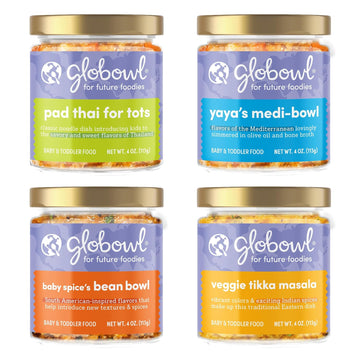 Globowl Stage 3 Baby Food & Toddler Meals, 6+ Months Early Allergen Introduction, Baby Led Weaning, International Whole Food Snacks For Toddlers, Babies, 4 Oz Glass Jar, Variety 4-Pack