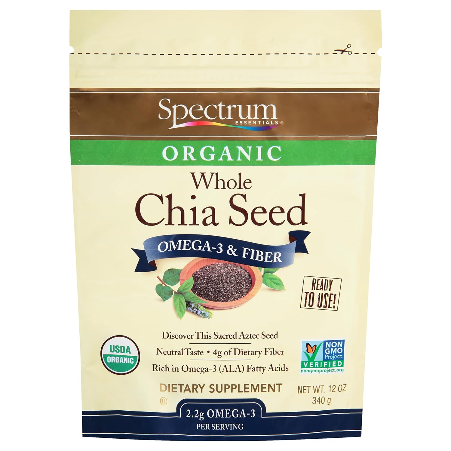 Spectrum Essentials Organic Chia Seed, Omega-3 & Fiber, 12 Oz