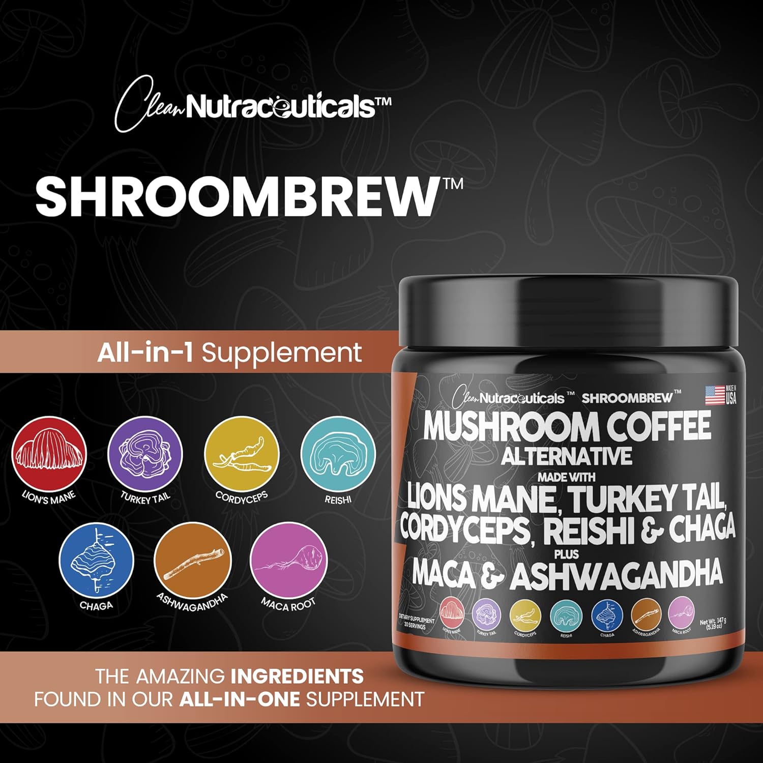 Clean Nutraceuticals Mushroom Coffee Alternative Mix - Maca Coffee With Lions Mane Mushroom, Cordyceps & Ashwagandha - Cacao Based With Maca Root, Turkey Tail, Chaga & Reishi Mushroom - Usa Made