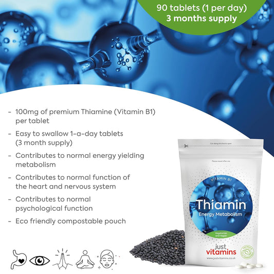 Vitamin B1 Thiamine 100mg x90 Premium High Strength B1 Micro Tablets (3-Month Supply) - Vegan & Vegetarian Friendly - Supports Energy Metabolism & Heart Function for Men & Women. UK Made