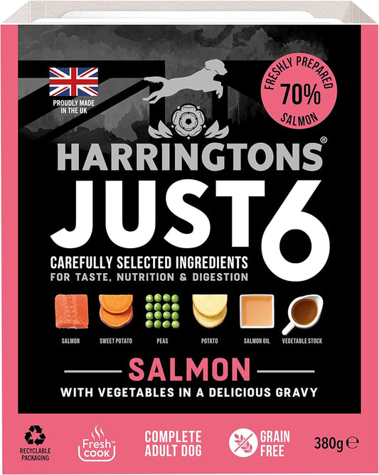 Harringtons Just 6 Complete Grain Free Hypoallergenic Salmon & Veg Wet Adult Dog Food 380g (Pack of 8) - In A Tasty Gravy?HARRJ6WS-C380