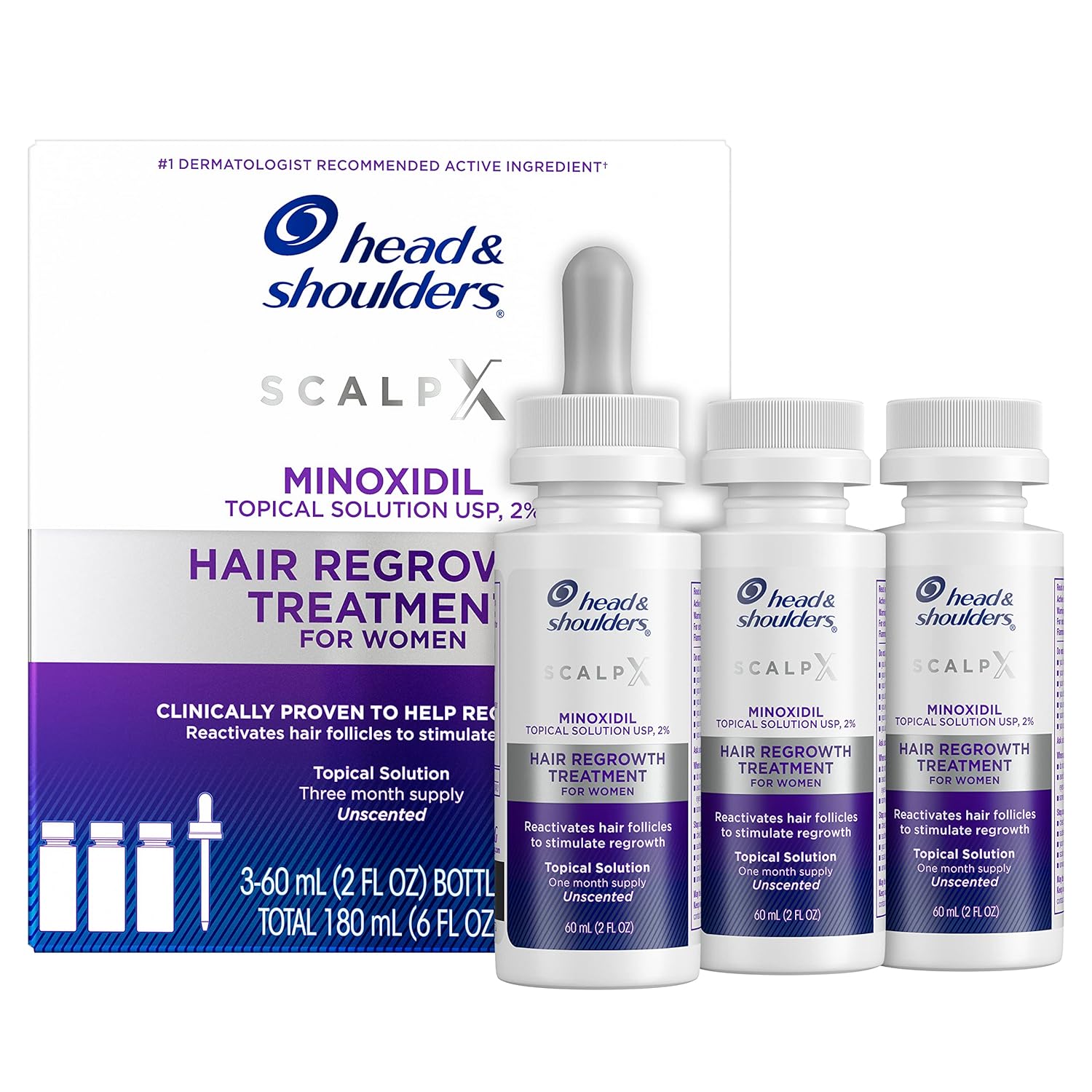 Head & Shoulders Scalp X 2% Minoxidil For Women, Hair Regrowth Treatment For Thinning Hair And Hair Loss, Topical Solution, 3 Month Supply, 2 Fl Oz Each, Pack Of 3