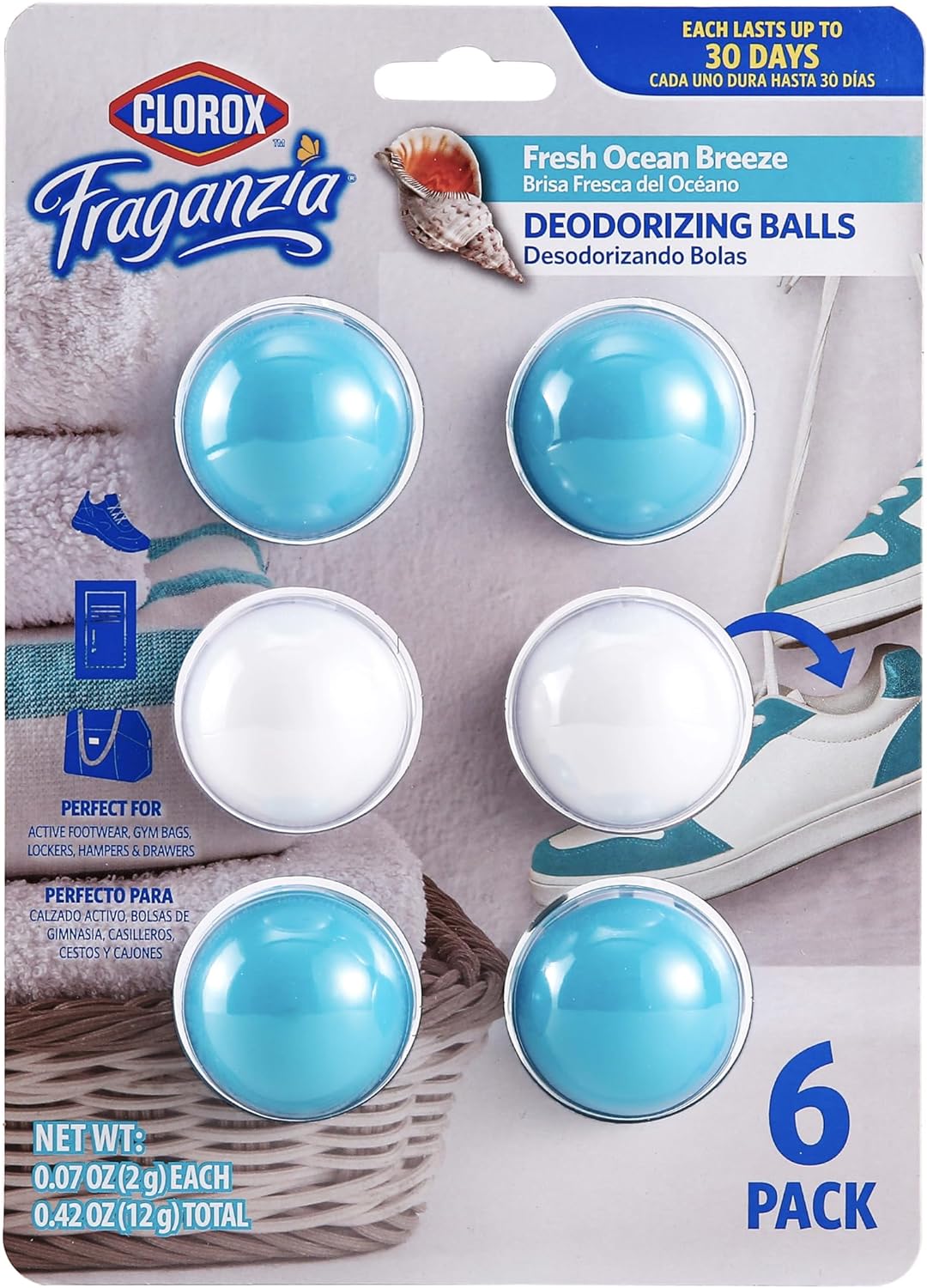 Clorox Fraganzia Deodorizing Balls in Lavender with Eucalyptus, 6 Count - No-Plug, Battery-Free Air Freshener for Shoes, Gym Bags, Lockers, Hampers, and Drawers, 6 Air Freshener Units
