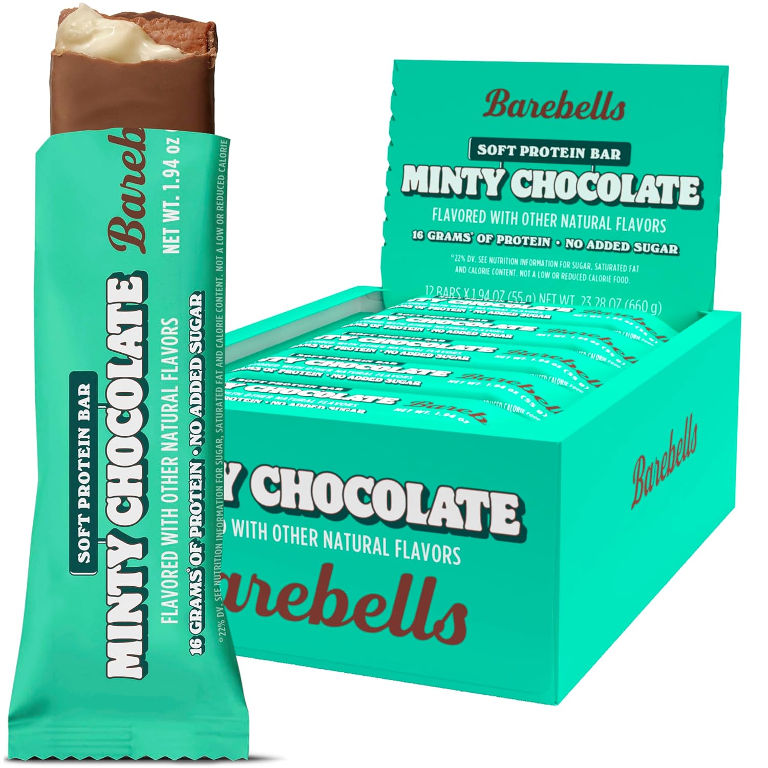 Barebells Soft Protein Bars Minty Chocolate - 12 Count, 1.9oz Bars - Protein Snacks with 16g of High Protein - Chocolate Protein Bar with 2g of Total Sugars - Soft Protein Snack & Breakfast Bars