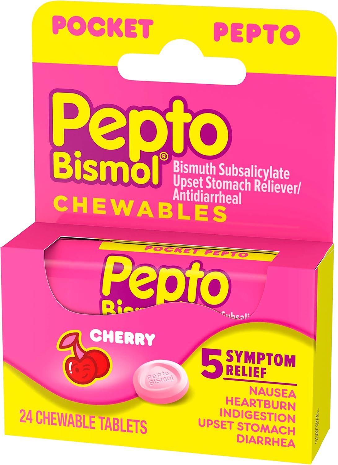 Pepto Bismol Pocket Chewable Tablets for Nausea, Heartburn, Indigestion, Upset Stomach, and Diarrhea - 5 Symptom Fast Relief, Cherry Flavor 24 ct : Health & Household