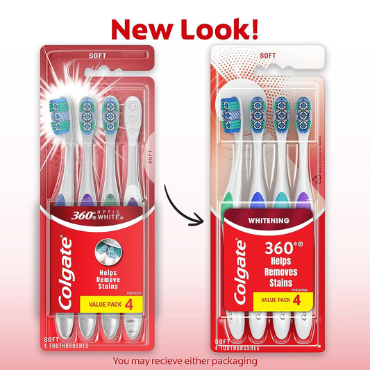 Colgate 360 Optic White Whitening Toothbrush, Adult Soft Toothbrush With Whitening Cups, Helps Whiten Teeth And Removes Odor Causing Bacteria, 4 Pack