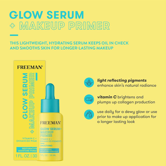 Freeman Restorative Glow Booster Serum + Makeup Primer, Lightweight Moisturizing Facial Serum, Long Lasting Makeup, Infused With Vitamin C, Brightens & Plumps Skin, 1.0 Fl.Oz./ 50 Ml Bottle