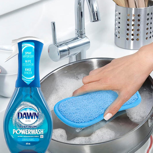 Dawn Powerwash Platinum Fresh Scent, Dish Spray, Parfum Frals, Non-Abrasive (16 Oz) The Set Includes a Universal Reusable Microfiber Cleaning Sponge (Color may vary)