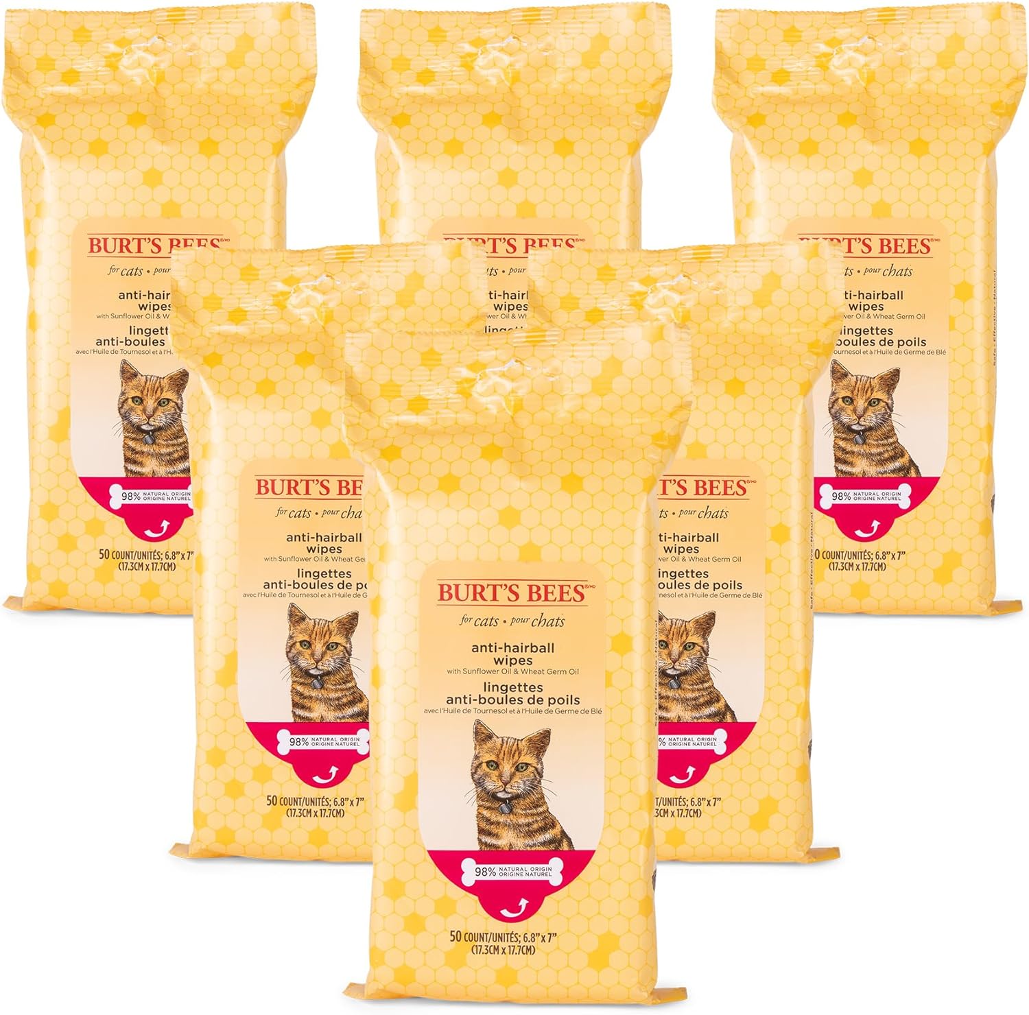 Burt's Bees for Pets Anti-Hairball Cat Wipes | Grooming Cat Wipes for Hairball Control | Cruelty Free, Sulfate & Paraben Free, pH Balanced for Cats - Made in The USA, 50 Ct - 6 Pack