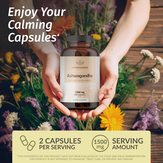 Herbamama Ashwagandha Root Capsules - 1500 Mg Ashwagandha Extra Strength Energy Supplements - Calming Supplements For Adults - Vegan, Non-Gmo - 250 Caps